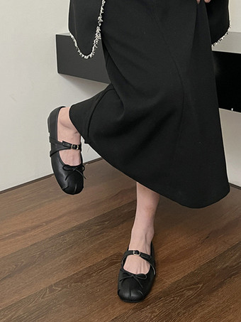 レディース ブラック バレエ フラット ラウンドトゥ ボウ バックル ディテール バレリーナ フラット