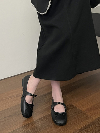 レディース ブラック バレエ フラット ラウンドトゥ ボウ バックル ディテール バレリーナ フラット