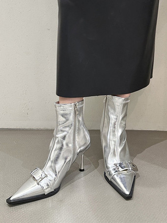 レディース アンクルブーツ ブラック ポインテッドトゥ メタルディテール ハイヒール ブーティ