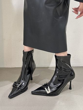 レディース アンクルブーツ ブラック ポインテッドトゥ メタルディテール ハイヒール ブーティ