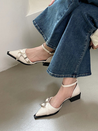 アプリコットホワイト Wome's フラット ポインテッドトゥ ラインストーン バックル ディテール アンクル ストラップ パンプス