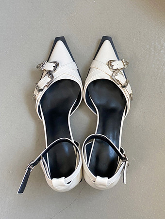 ホワイト Wome's フラット ポインテッドトゥ ラインストーン バックル ディテール アンクル ストラップ パンプス