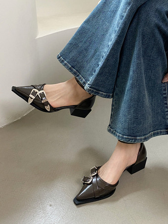 ブラウン ホワイト Wome's フラット ポインテッドトゥ ラインストーン バックル ディテール アンクル ストラップ パンプス