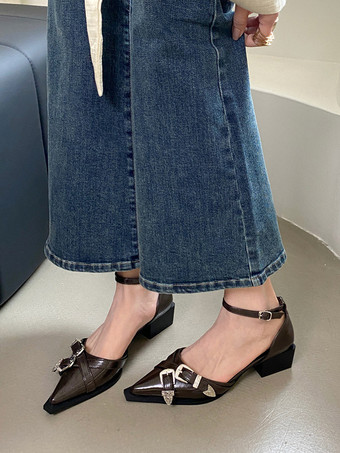 ホワイト Wome's フラット ポインテッドトゥ ラインストーン バックル ディテール アンクル ストラップ パンプス