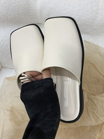 レディース ホワイト ミュール スクエア トゥ パピー ヒール ミュール シューズ