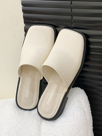 アプリコットレディース ホワイト ミュール スクエア トゥ パピー ヒール ミュール シューズ