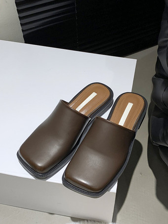 レディース ホワイト ミュール スクエア トゥ パピー ヒール ミュール シューズ