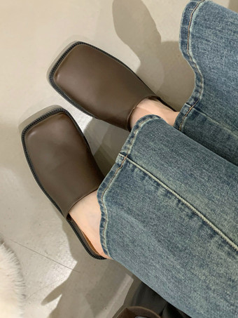 レディース ホワイト ミュール スクエア トゥ パピー ヒール ミュール シューズ