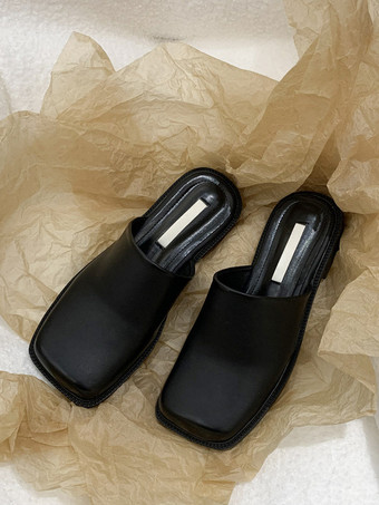 レディース ホワイト ミュール スクエア トゥ パピー ヒール ミュール シューズ