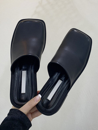 レディース ホワイト ミュール スクエア トゥ パピー ヒール ミュール シューズ