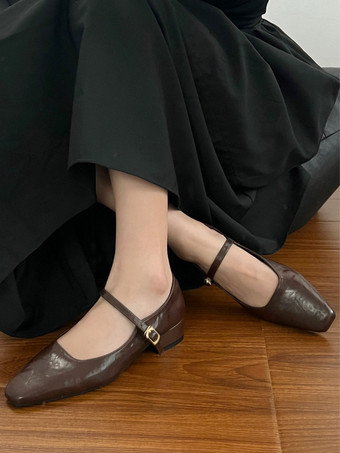 Coffee BrownWomen's Ballerina Flats Black Square Toe Buckle Detail Ballet Flats