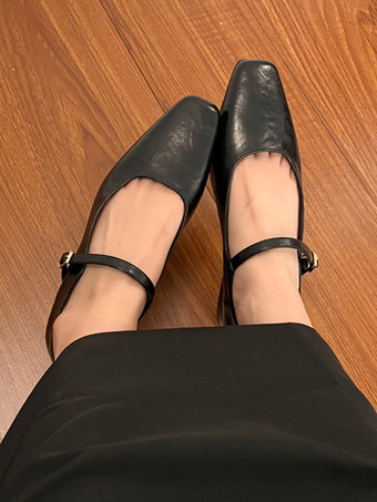 Women's Ballerina Flats Black Square Toe Buckle Detail Ballet Flats