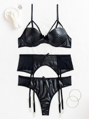 ブラジャー パンティ セット ブラック ポリエステル チェーン 不規則な大人のランジェリー
