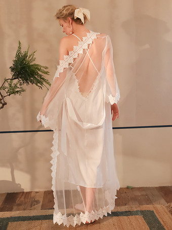 ロングネグリジェ ホワイト セクシー バックレス サッシュ ポリエステル 大人用 ランジェリー