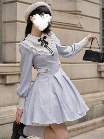 ライトスカイブルースイートロリータドレス ポリエステル長袖 スイートドレス ロリータドレス