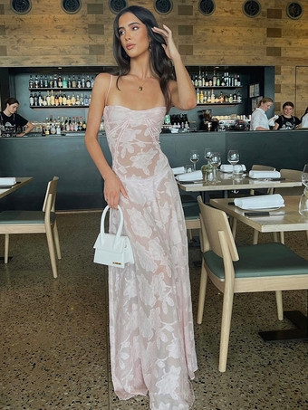 パーティードレス ピンク ストラップネック ノースリーブ 花柄 シアー セミフォーマルドレス