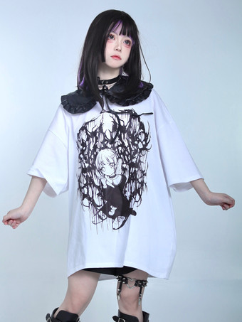 ホワイト スチームパンク ロリータ ブラウス フリル ロリータ トップ 半袖 花柄 ブラック ロリータ シャツ