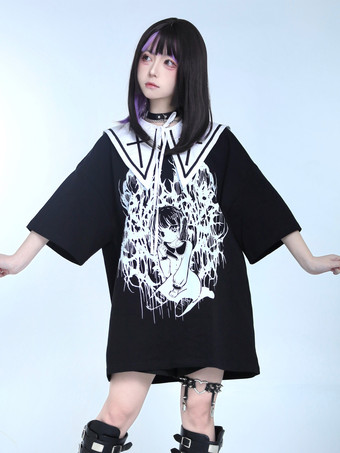 ブラック スチームパンク ロリータ ブラウス フリル ロリータ トップ 半袖 花柄 ブラック ロリータ シャツ