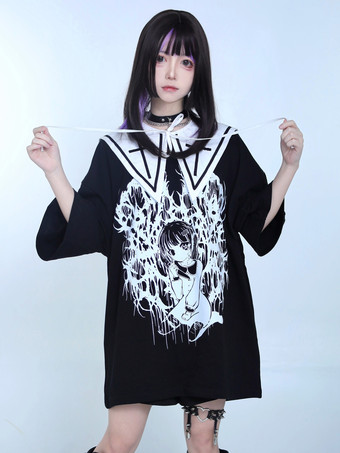 スチームパンク ロリータ ブラウス フリル ロリータ トップ 半袖 花柄 ブラック ロリータ シャツ