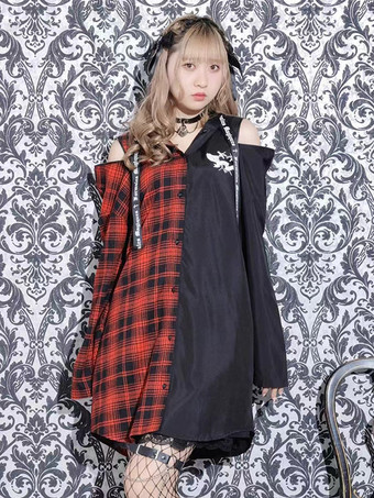 レッド スチームパンク ロリータ ブラウス 長袖ブラウス ロリータ トップ チェック柄 ブルー ロリータ シャツ