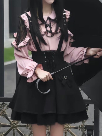 ゴスロリ衣装 ピンク フリル リボン レース 長袖 スカート ブラウス