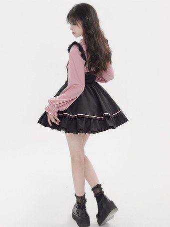 スチームパンクロリータ衣装ライトスカイブルーレースアップフリル長袖ブラウススカート