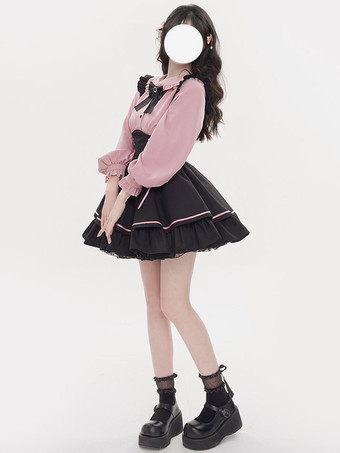 スチームパンクロリータ衣装ライトスカイブルーレースアップフリル長袖ブラウススカート