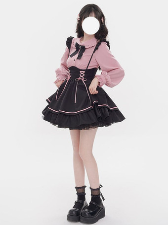 スチームパンクロリータ衣装ライトスカイブルーレースアップフリル長袖ブラウススカート