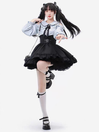 ライトスカイブルースチームパンクロリータ衣装ライトスカイブルーレースアップフリル長袖ブラウススカート