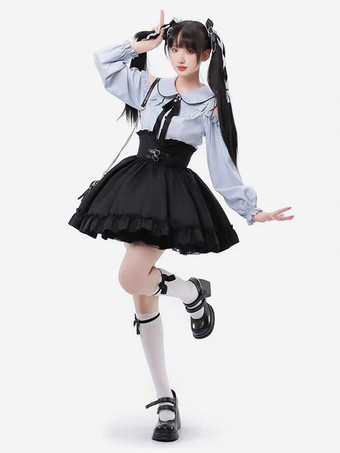 スチームパンクロリータ衣装ライトスカイブルーレースアップフリル長袖ブラウススカート