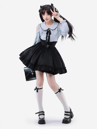 スチームパンクロリータ衣装ライトスカイブルーレースアップフリル長袖ブラウススカート