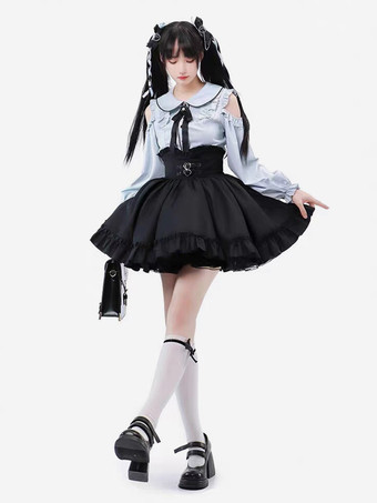 スチームパンクロリータ衣装ライトスカイブルーレースアップフリル長袖ブラウススカート