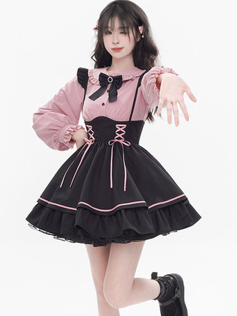 ピンクスチームパンクロリータ衣装ライトスカイブルーレースアップフリル長袖ブラウススカート