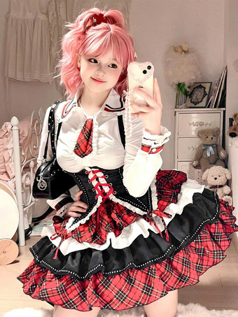 レッド スチームパンクロリータ衣装赤いチェック柄レースアップフリル長袖スカート