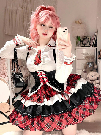 スチームパンクロリータ衣装赤いチェック柄レースアップフリル長袖スカート