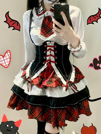 スチームパンクロリータ衣装赤いチェック柄レースアップフリル長袖スカート