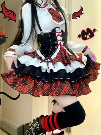 スチームパンクロリータ衣装赤いチェック柄レースアップフリル長袖スカート