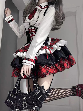 スチームパンクロリータ衣装赤いチェック柄レースアップフリル長袖スカート