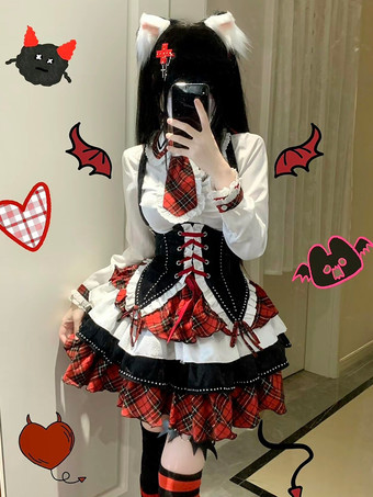 スチームパンクロリータ衣装赤いチェック柄レースアップフリル長袖スカート