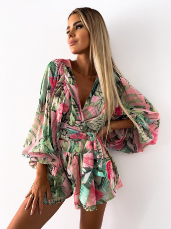 グリーン ゆったりロンパース プリント Vネック ランタンスリーブ ベルト付き カジュアル リゾート ジャンプスーツ