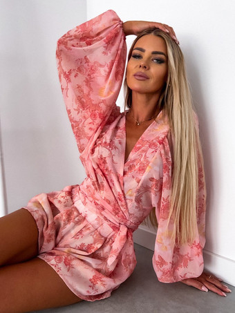 ゆったりロンパース プリント Vネック ランタンスリーブ ベルト付き カジュアル リゾート ジャンプスーツ