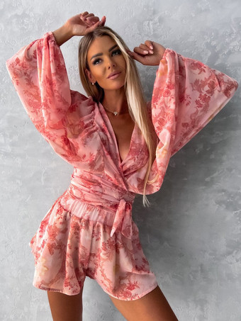 レッド ゆったりロンパース プリント Vネック ランタンスリーブ ベルト付き カジュアル リゾート ジャンプスーツ