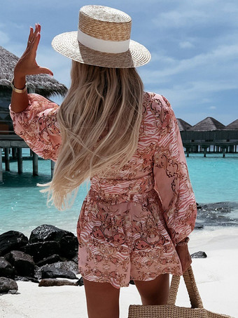 ゆったりロンパース プリント Vネック ランタンスリーブ ベルト付き カジュアル リゾート ジャンプスーツ