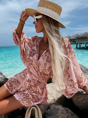 ピンクゆったりロンパース プリント Vネック ランタンスリーブ ベルト付き カジュアル リゾート ジャンプスーツ