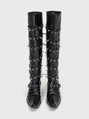 レディース ニーハイ ブーツ ブラック ポインテッドトゥ スタッズ バックル ディテール パピー ヒール ブーツ
