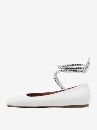 ホワイト ブラック バレエ フラット レディース スクエアトゥ ラインストーン レースアップ バレリーナ フラット