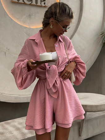 ピンクホワイト 長袖 ブラウス ショートパンツ カジュアル 2点セット