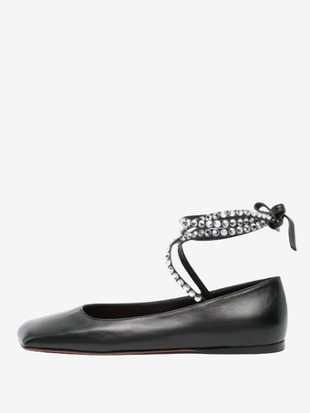 ブラック ブラック バレエ フラット レディース スクエアトゥ ラインストーン レースアップ バレリーナ フラット