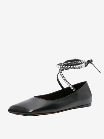 ブラック バレエ フラット レディース スクエアトゥ ラインストーン レースアップ バレリーナ フラット