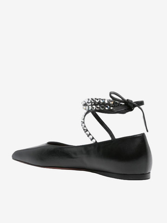 ブラック バレエ フラット レディース スクエアトゥ ラインストーン レースアップ バレリーナ フラット